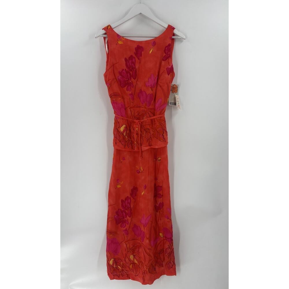 NWT Dress Barn Vintage Dress Womens 8 Red Maxi Sleeveless Floral Belted Slit